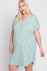 Mint Green Ribbed Short Sleeve Plus Dress