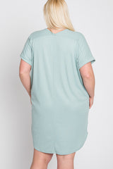 Mint Green Ribbed Short Sleeve Plus Dress