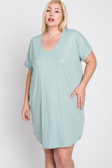 Mint Green Ribbed Short Sleeve Plus Dress