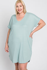 Mint Green Ribbed Short Sleeve Plus Dress