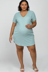 Mint Green Ribbed Short Sleeve Maternity Plus Dress