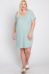 Mint Green Ribbed Short Sleeve Maternity Plus Dress