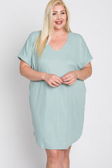 Mint Green Ribbed Short Sleeve Plus Dress