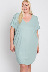 Mint Green Ribbed Short Sleeve Plus Dress