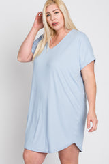 Light Blue Ribbed Short Sleeve Plus Dress