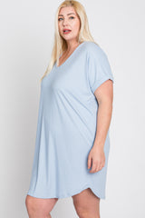 Light Blue Ribbed Short Sleeve Plus Dress