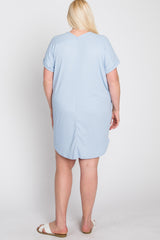 Light Blue Ribbed Short Sleeve Plus Dress