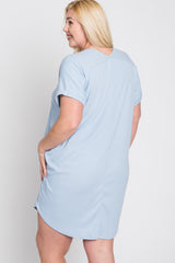 Light Blue Ribbed Short Sleeve Plus Dress