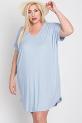 Light Blue Ribbed Short Sleeve Plus Dress