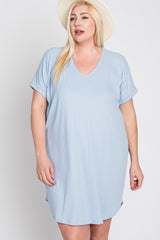 Light Blue Ribbed Short Sleeve Plus Dress