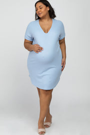 Light Blue Ribbed Short Sleeve Maternity Plus Dress