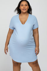 Light Blue Ribbed Short Sleeve Maternity Plus Dress