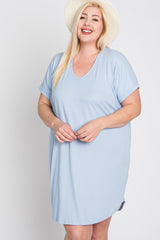 Light Blue Ribbed Short Sleeve Plus Dress