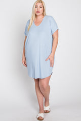 Light Blue Ribbed Short Sleeve Plus Dress