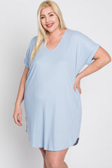 Light Blue Ribbed Short Sleeve Plus Dress