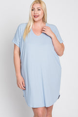 Light Blue Ribbed Short Sleeve Plus Dress