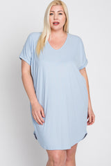 Light Blue Ribbed Short Sleeve Plus Dress