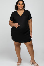 Black Ribbed Short Sleeve Maternity Plus Dress