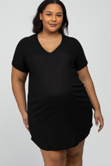 Black Ribbed Short Sleeve Maternity Plus Dress