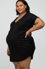 Black Ribbed Short Sleeve Maternity Plus Dress