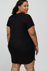 Black Ribbed Short Sleeve Maternity Plus Dress