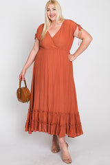 Rust Drawstring Sleeve Ruffle Hem Plus Maxi Dress