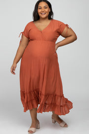 Rust Drawstring Sleeve Ruffle Hem Maternity Plus Maxi Dress