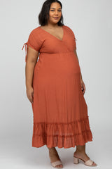 Rust Drawstring Sleeve Ruffle Hem Maternity Plus Maxi Dress