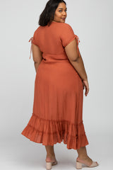 Rust Drawstring Sleeve Ruffle Hem Maternity Plus Maxi Dress