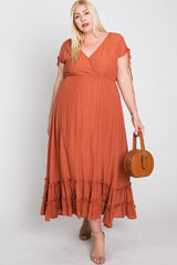 Rust Drawstring Sleeve Ruffle Hem Plus Maxi Dress