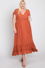 Rust Drawstring Sleeve Ruffle Hem Plus Maxi Dress