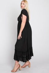 Black Drawstring Sleeve Ruffle Hem Plus Maxi Dress