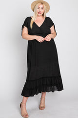 Black Drawstring Sleeve Ruffle Hem Plus Maxi Dress