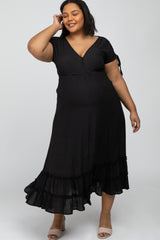 Black Drawstring Sleeve Ruffle Hem Maternity Plus Maxi Dress