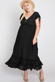 Black Drawstring Sleeve Ruffle Hem Plus Maxi Dress