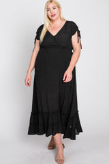 Black Drawstring Sleeve Ruffle Hem Plus Maxi Dress