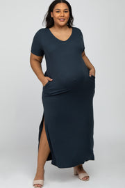 Charcoal Side Slit Maternity Plus Midi Dress