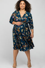 Navy Blue Floral Wrap Front Waist Tie Maternity Plus Midi Dress