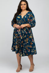 Navy Blue Floral Wrap Front Waist Tie Plus Midi Dress