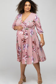 Light Pink Floral Wrap Front Waist Tie Maternity Plus Midi Dress