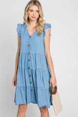 Light Blue Chambray Tiered Button Accent Dress