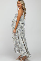 Navy Floral Paisley Print Tiered Maternity Maxi Dress