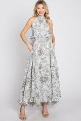 Navy Floral Paisley Print Tiered Maternity Maxi Dress