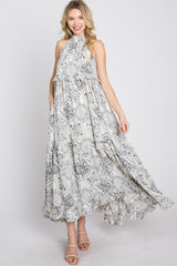 Navy Floral Paisley Print Tiered Maxi Dress