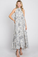 Navy Floral Paisley Print Tiered Maxi Dress