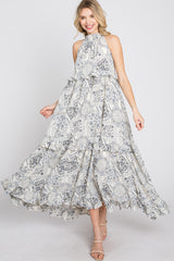 Navy Floral Paisley Print Tiered Maxi Dress