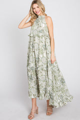 Green Floral Paisley Print Tiered Maternity Maxi Dress