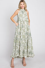 Green Floral Paisley Print Tiered Maxi Dress