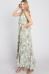 Green Floral Paisley Print Tiered Maxi Dress