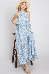 Blue Floral Paisley Print Tiered Maxi Dress